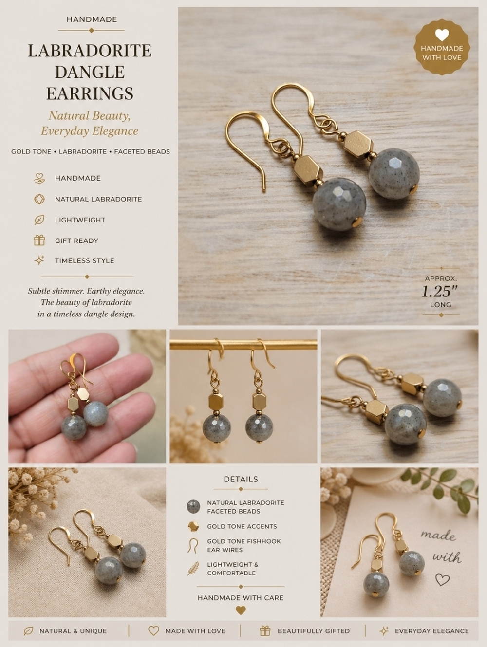 Handmade Labradorite Faceted Bead Dangle Earrings Gold Tone Hooks ~ 1.25" Long